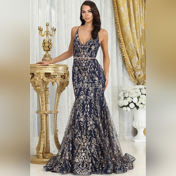 Navy/gold or charcoal/gold mermaid fitted beaded long floor length gown - Picture 1 of 9